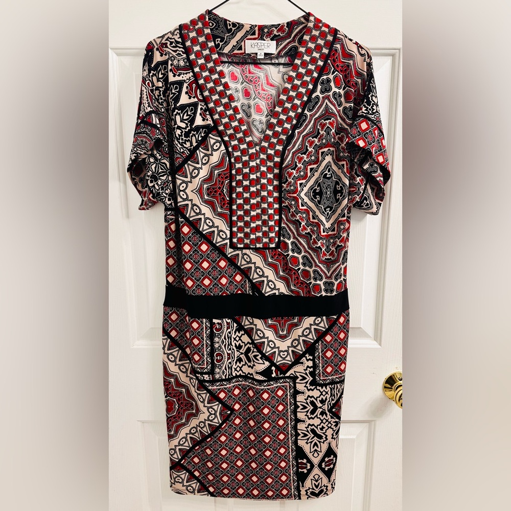 Kasper Red and Black Geometric Pattern Dress, Size 4